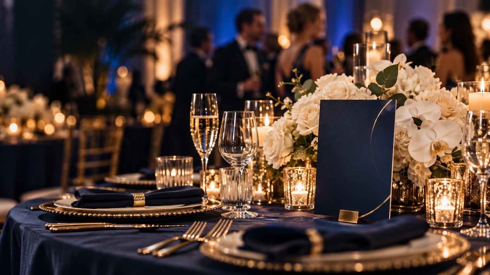 Candlelit gala tables with white floral arrangements and formal guests